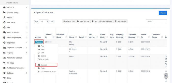 To view customer or supplier ledger Go to Contacts -> Supplier/Customer and click on actions button. In that you will be able to see Ledger for the customer or supplier. You can select a date-range and use the checkbox filters to show/hide certain transaction type.